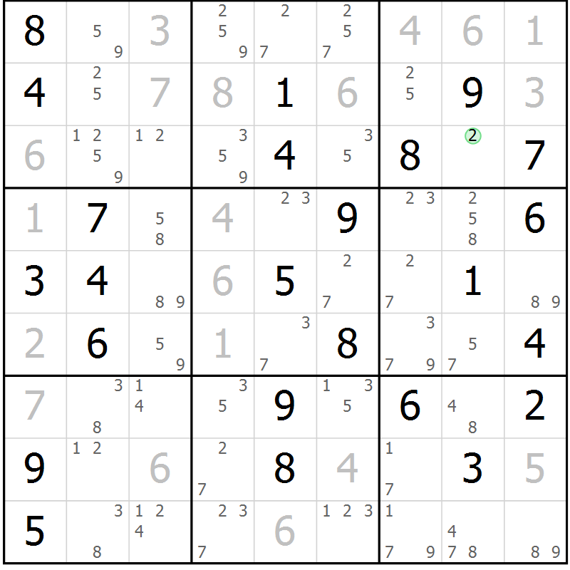 Position des candidats pour la solution de la Gr 57 page 60 du magazine de sudoku Virtuose n° 104