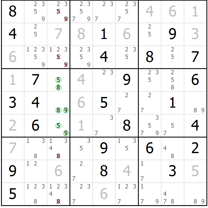 Position des candidats pour la solution de la Gr 57 page 60 du magazine de sudoku Virtuose n° 104