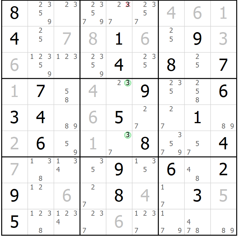 Position des candidats pour la solution de la Gr 57 page 60 du magazine de sudoku Virtuose n° 104