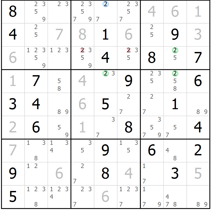 Position des candidats pour la solution de la Gr 57 page 60 du magazine de sudoku Virtuose n° 104