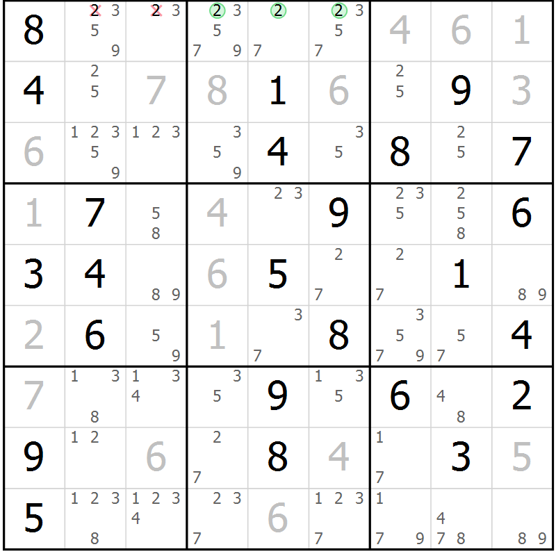 Position des candidats pour la solution de la Gr 57 page 60 du magazine de sudoku Virtuose n° 104