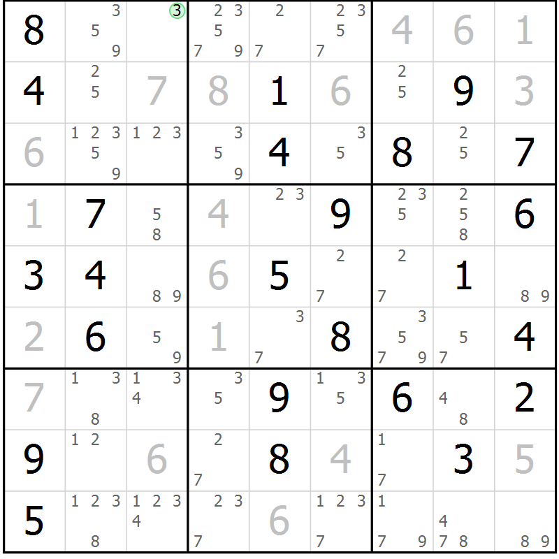 Position des candidats pour la solution de la Gr 57 page 60 du magazine de sudoku Virtuose n° 104