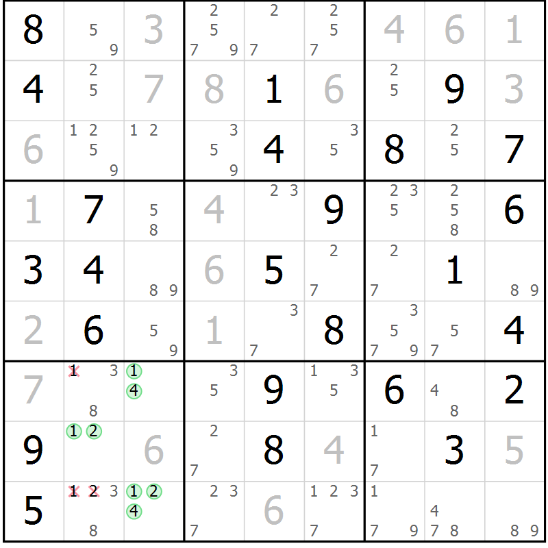 Position des candidats pour la solution de la Gr 57 page 60 du magazine de sudoku Virtuose n° 104