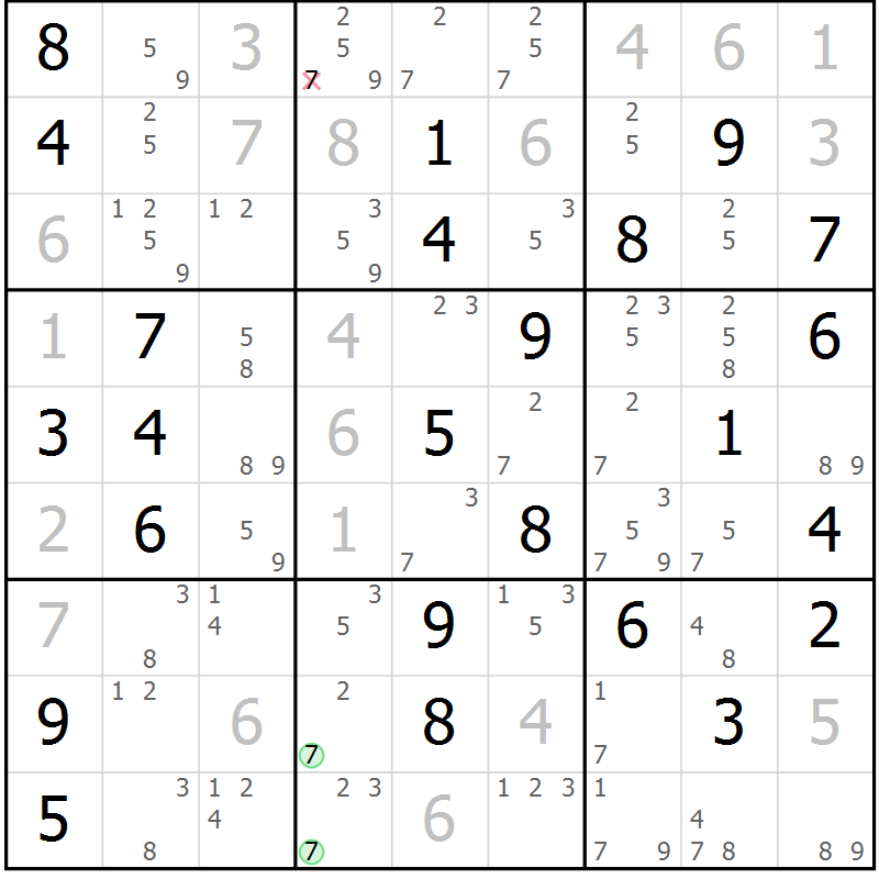 Position des candidats pour la solution de la Gr 57 page 60 du magazine de sudoku Virtuose n° 104