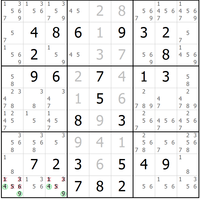Position des candidats pour la solution de la Gr 58 page 61 du magazine de sudoku Virtuose n° 104