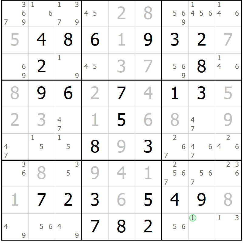 Position des candidats pour la solution de la Gr 58 page 61 du magazine de sudoku Virtuose n° 104