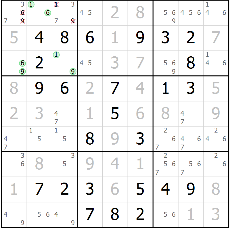 Position des candidats pour la solution de la Gr 58 page 61 du magazine de sudoku Virtuose n° 104