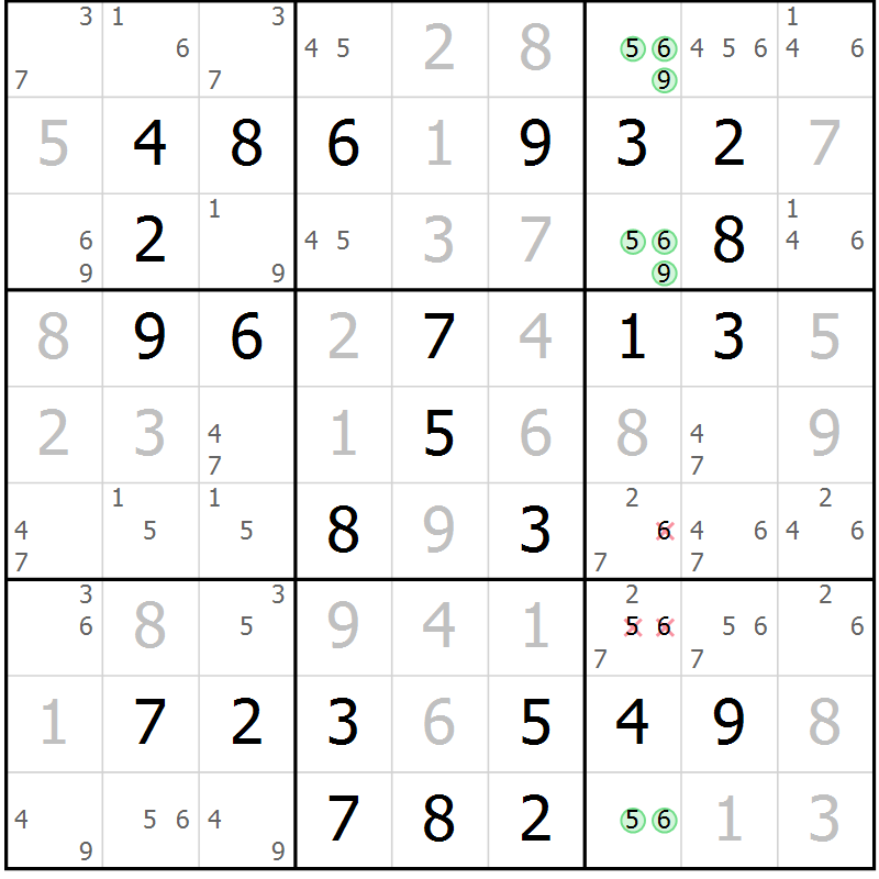 Position des candidats pour la solution de la Gr 58 page 61 du magazine de sudoku Virtuose n° 104