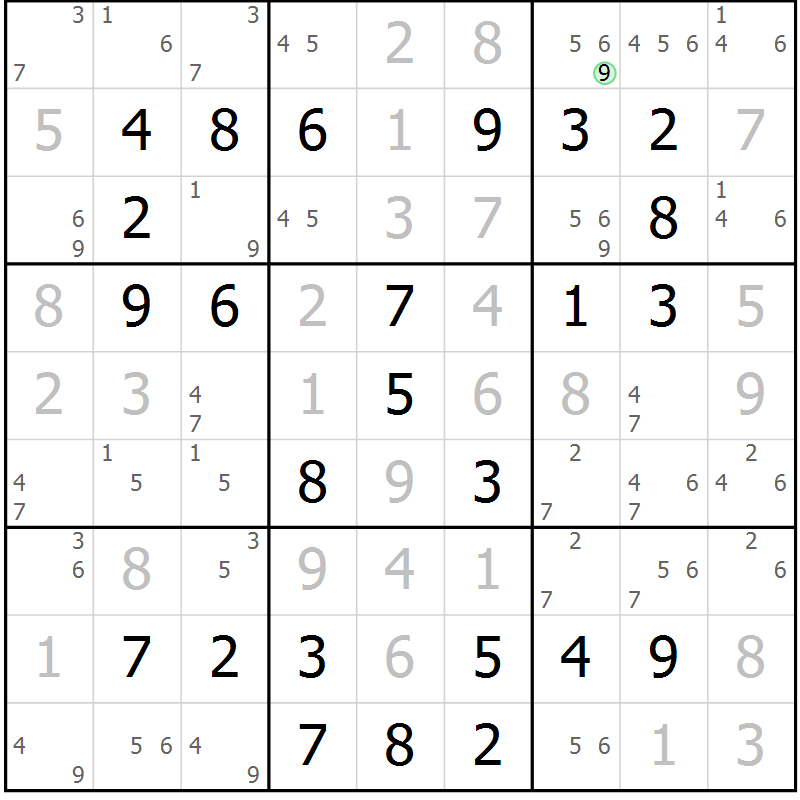 Position des candidats pour la solution de la Gr 58 page 61 du magazine de sudoku Virtuose n° 104