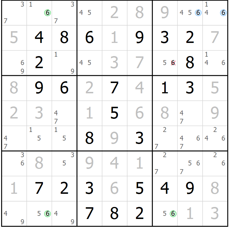 Position des candidats pour la solution de la Gr 58 page 61 du magazine de sudoku Virtuose n° 104