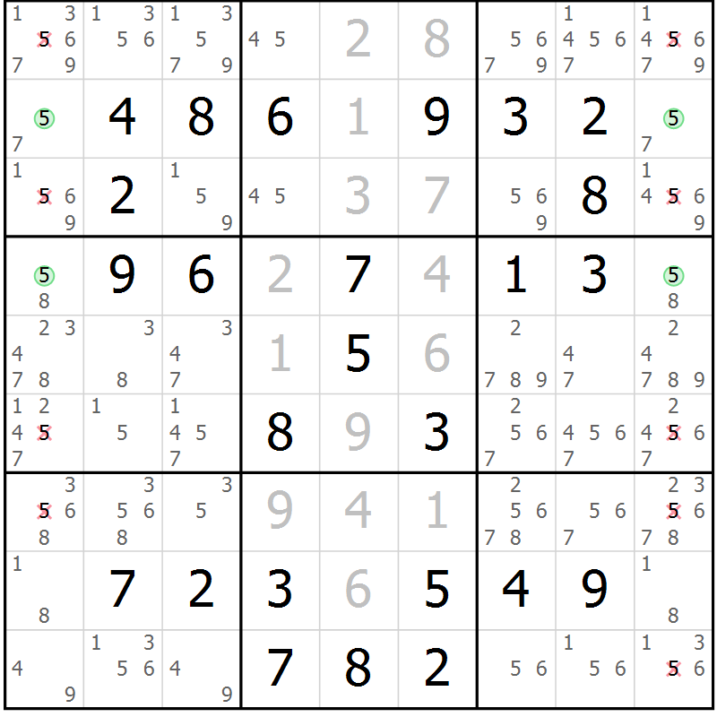 Position des candidats pour la solution de la Gr 58 page 61 du magazine de sudoku Virtuose n° 104