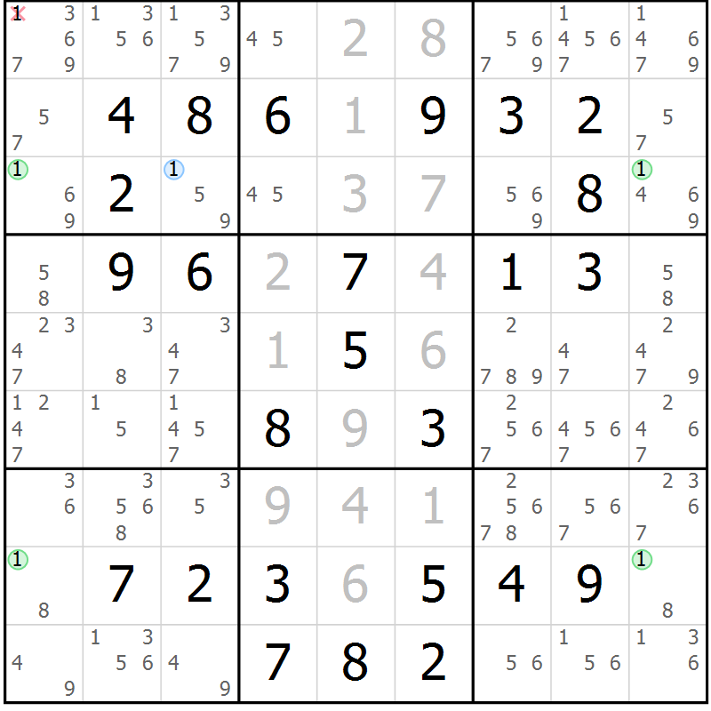 Position des candidats pour la solution de la Gr 58 page 61 du magazine de sudoku Virtuose n° 104