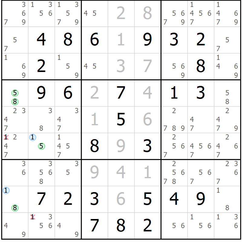 Position des candidats pour la solution de la Gr 58 page 61 du magazine de sudoku Virtuose n° 104