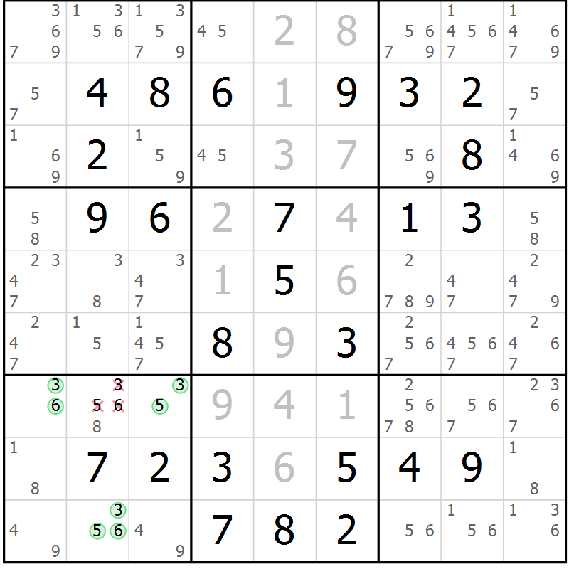 Position des candidats pour la solution de la Gr 58 page 61 du magazine de sudoku Virtuose n° 104