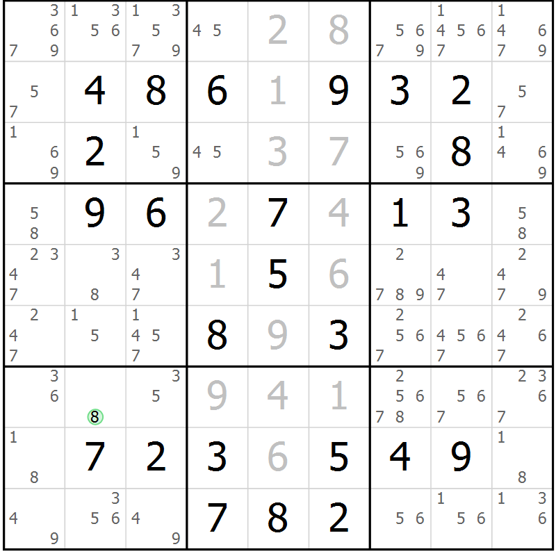 Position des candidats pour la solution de la Gr 58 page 61 du magazine de sudoku Virtuose n° 104
