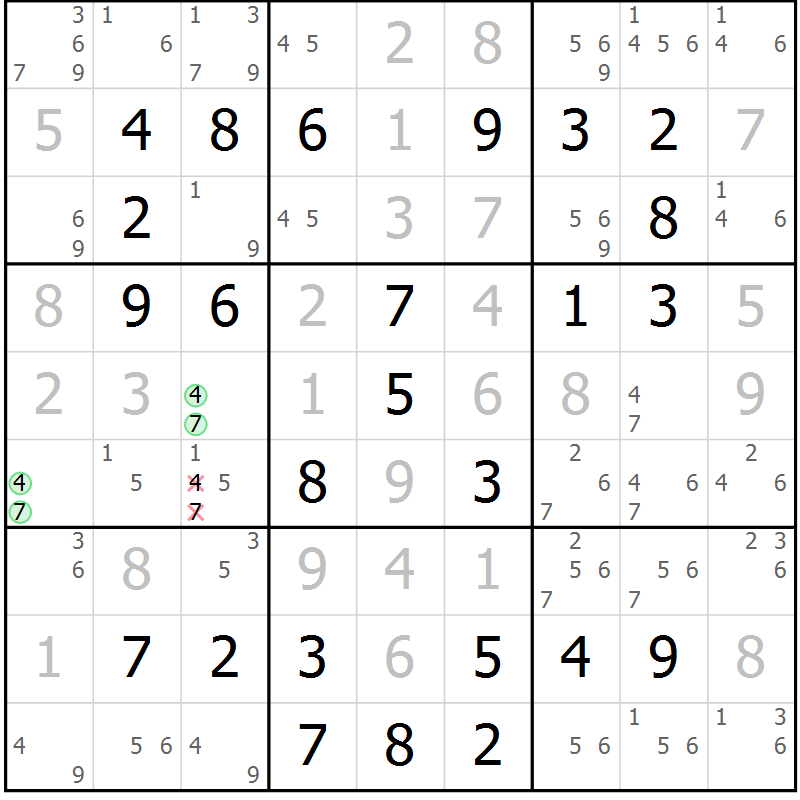 Position des candidats pour la solution de la Gr 58 page 61 du magazine de sudoku Virtuose n° 104