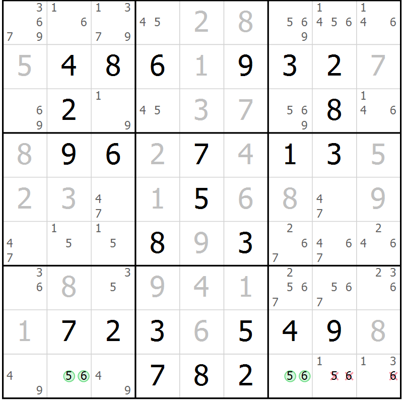 Position des candidats pour la solution de la Gr 58 page 61 du magazine de sudoku Virtuose n° 104