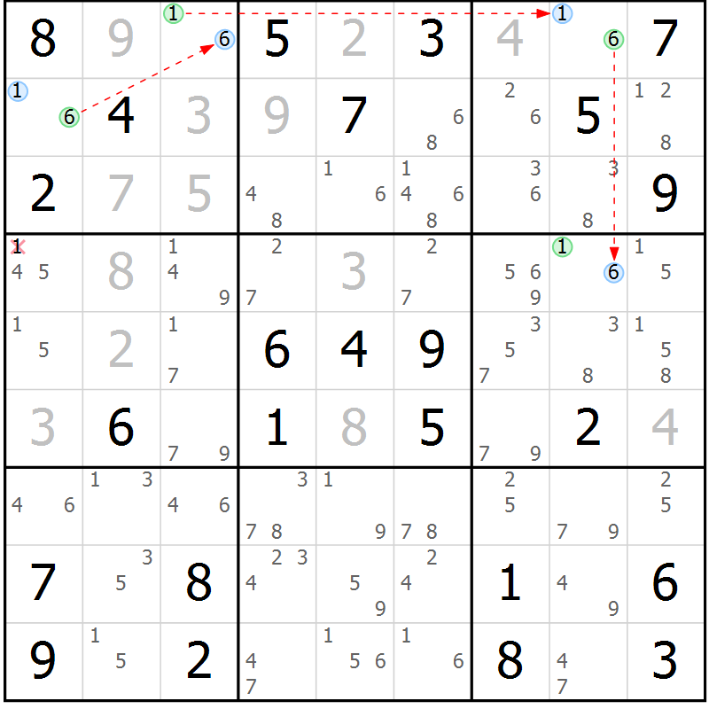 Position des candidats pour la solution de la Gr 59 page 62 du magazine de sudoku Virtuose n° 104