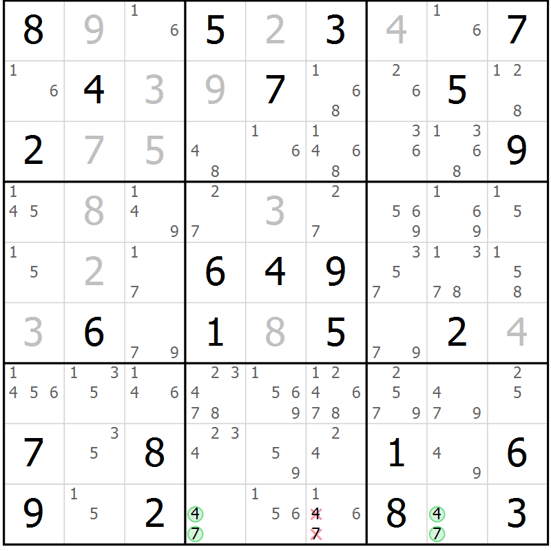 Position des candidats pour la solution de la Gr 59 page 62 du magazine de sudoku Virtuose n° 104