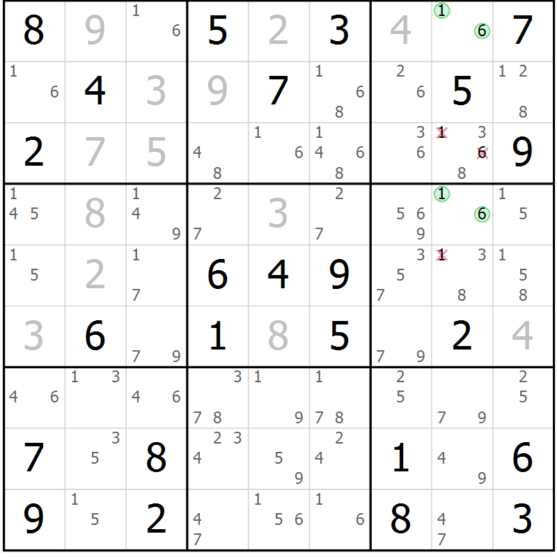 Position des candidats pour la solution de la Gr 59 page 62 du magazine de sudoku Virtuose n° 104