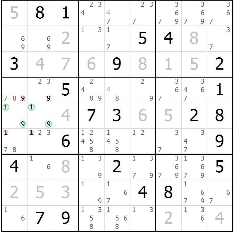 Position des candidats pour la solution de la Gr 6 page 9 du magazine de sudoku Virtuose n° 104