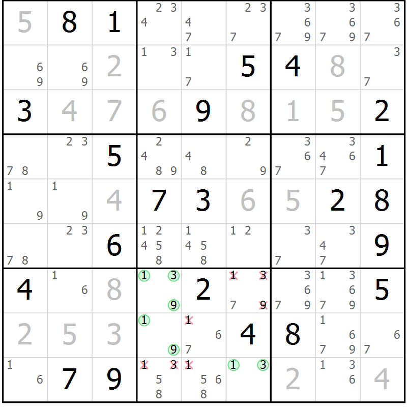 Position des candidats pour la solution de la Gr 6 page 9 du magazine de sudoku Virtuose n° 104