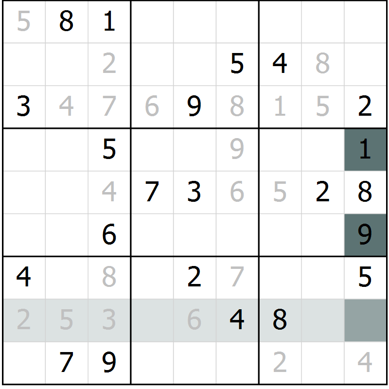 Position des candidats pour la solution de la Gr 6 page 9 du magazine de sudoku Virtuose n° 104