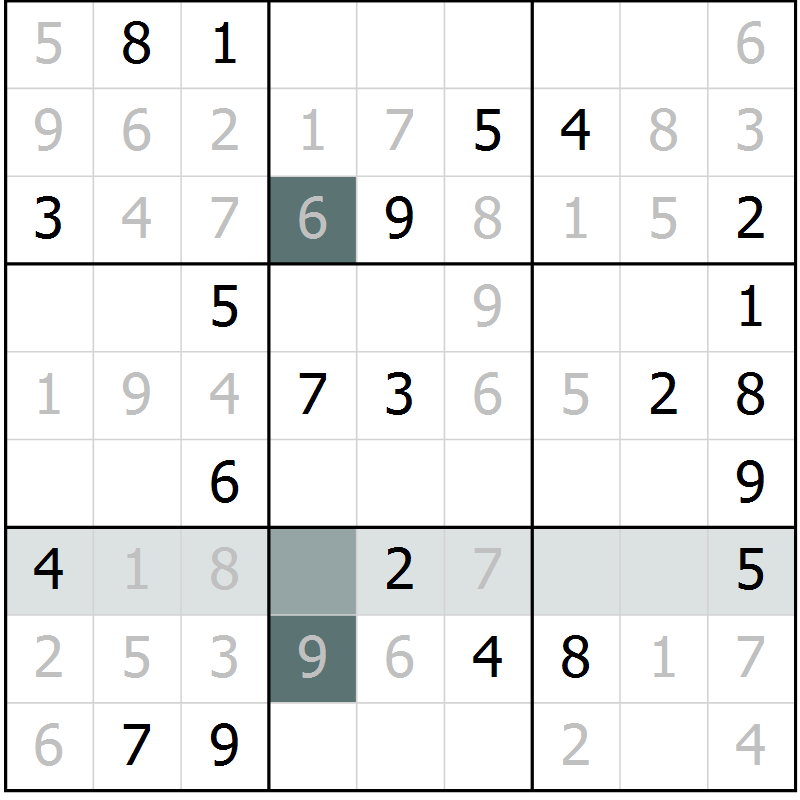 Position des candidats pour la solution de la Gr 6 page 9 du magazine de sudoku Virtuose n° 104