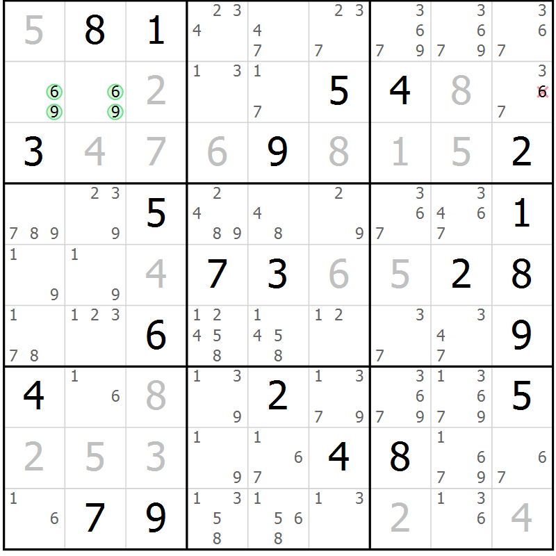 Position des candidats pour la solution de la Gr 6 page 9 du magazine de sudoku Virtuose n° 104