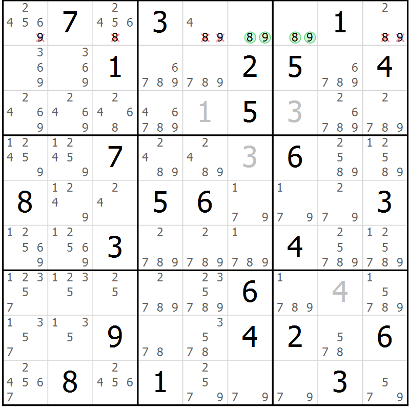 Position des candidats pour la solution de la Gr 60 page 63 du magazine de sudoku Virtuose n° 104
