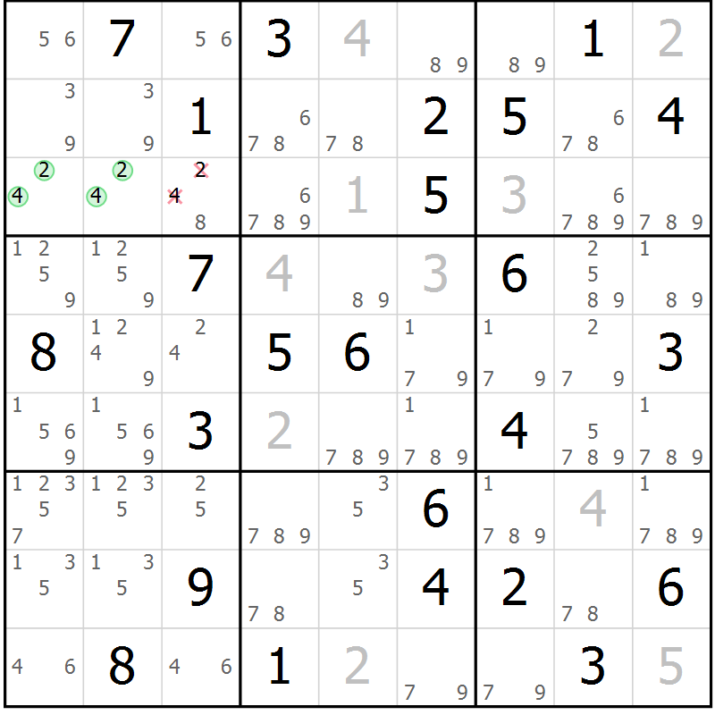 Position des candidats pour la solution de la Gr 60 page 63 du magazine de sudoku Virtuose n° 104