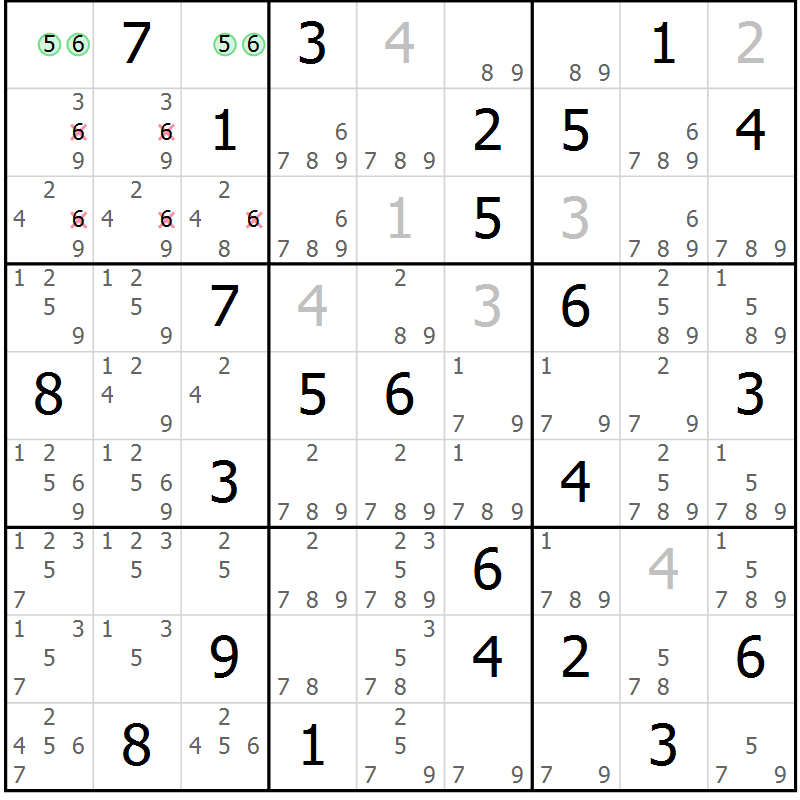 Position des candidats pour la solution de la Gr 60 page 63 du magazine de sudoku Virtuose n° 104