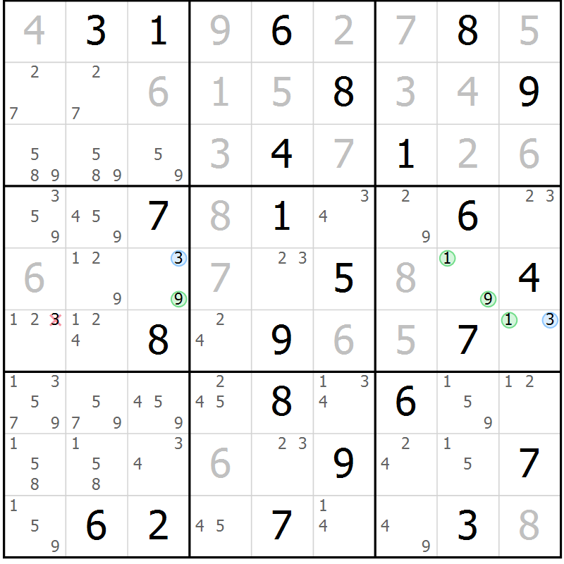 Position des candidats pour la solution de la Gr 61 page 64 du magazine de sudoku Virtuose n° 104