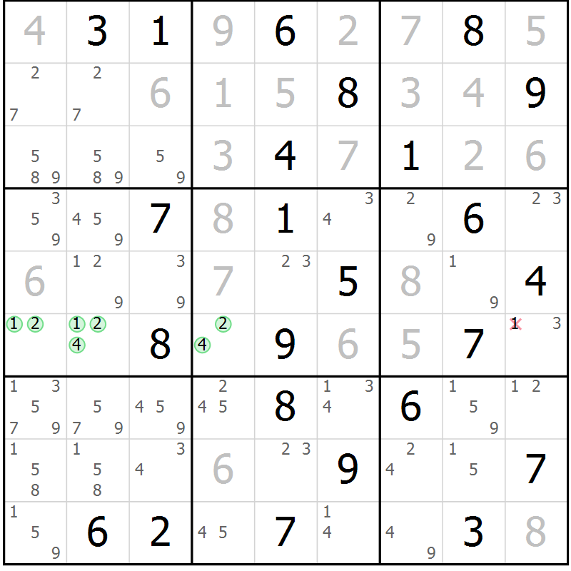 Position des candidats pour la solution de la Gr 61 page 64 du magazine de sudoku Virtuose n° 104