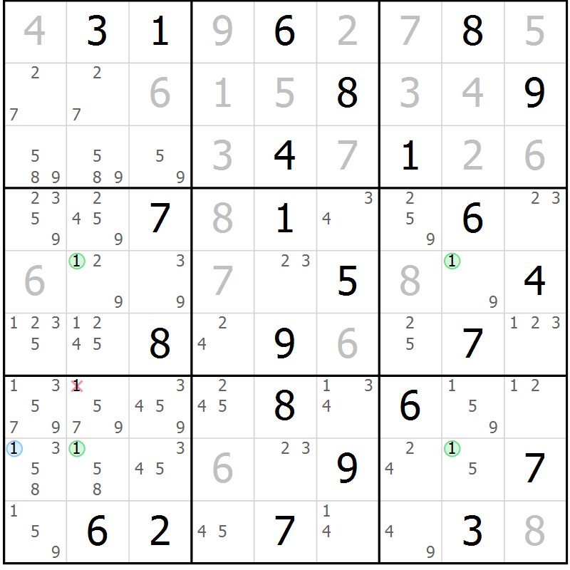 Position des candidats pour la solution de la Gr 61 page 64 du magazine de sudoku Virtuose n° 104