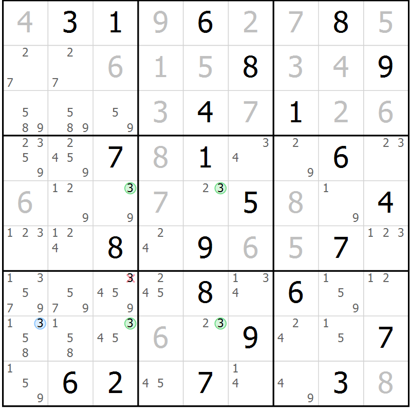 Position des candidats pour la solution de la Gr 61 page 64 du magazine de sudoku Virtuose n° 104