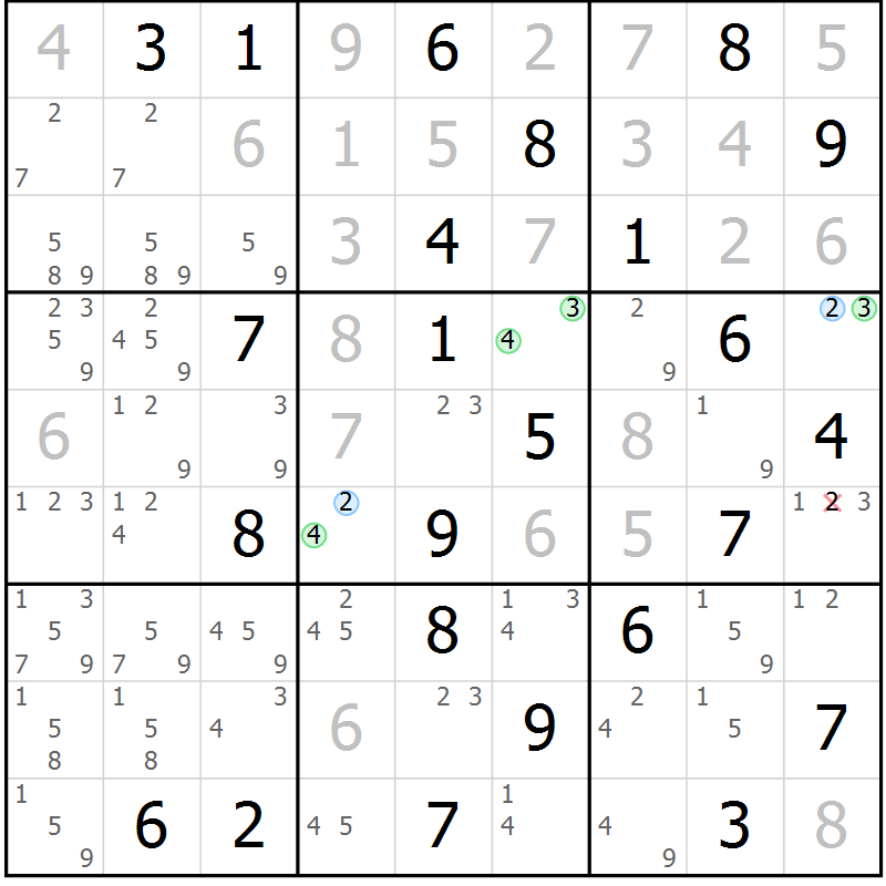Position des candidats pour la solution de la Gr 61 page 64 du magazine de sudoku Virtuose n° 104