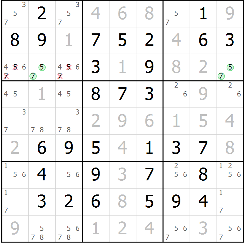 Position des candidats pour la solution de la Gr 64 page 67 du magazine de sudoku Virtuose n° 104