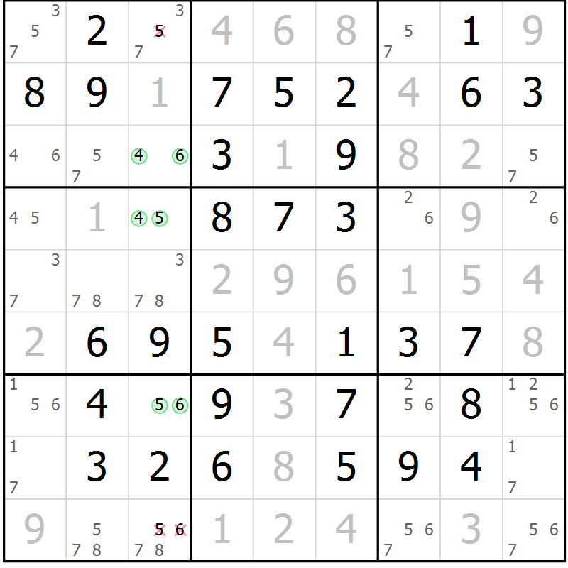Position des candidats pour la solution de la Gr 64 page 67 du magazine de sudoku Virtuose n° 104