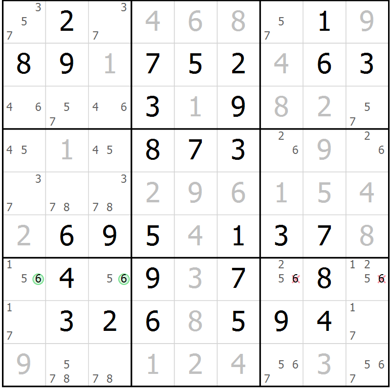 Position des candidats pour la solution de la Gr 64 page 67 du magazine de sudoku Virtuose n° 104