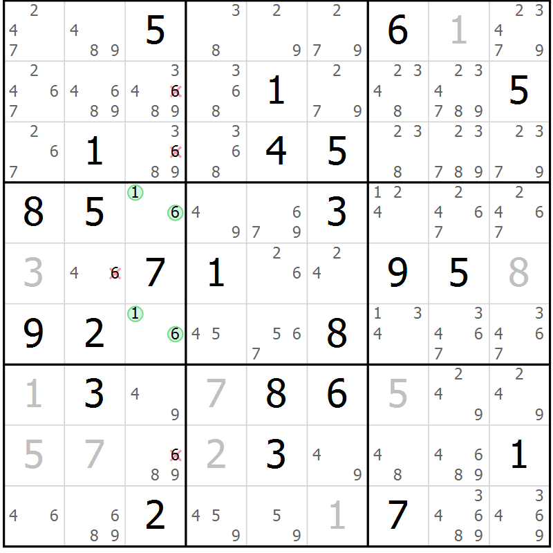 Position des candidats pour la solution de la Gr 69 page 72 du magazine de sudoku Virtuose n° 104