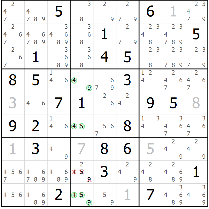 Position des candidats pour la solution de la Gr 69 page 72 du magazine de sudoku Virtuose n° 104