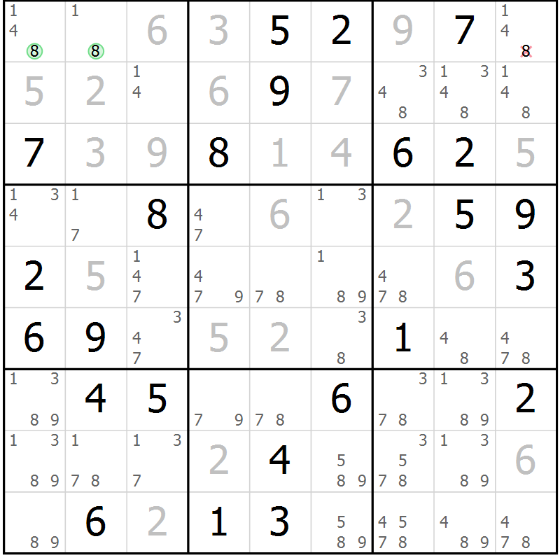 Position des candidats pour la solution de la Gr 70 page 73 du magazine de sudoku Virtuose n° 104