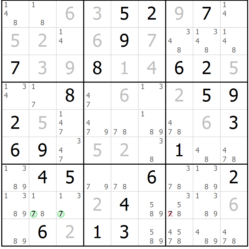 Position des candidats pour la solution de la Gr 70 page 73 du magazine de sudoku Virtuose n° 104