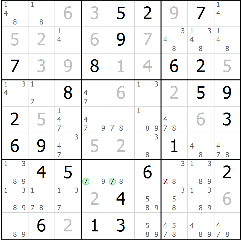 Position des candidats pour la solution de la Gr 70 page 73 du magazine de sudoku Virtuose n° 104