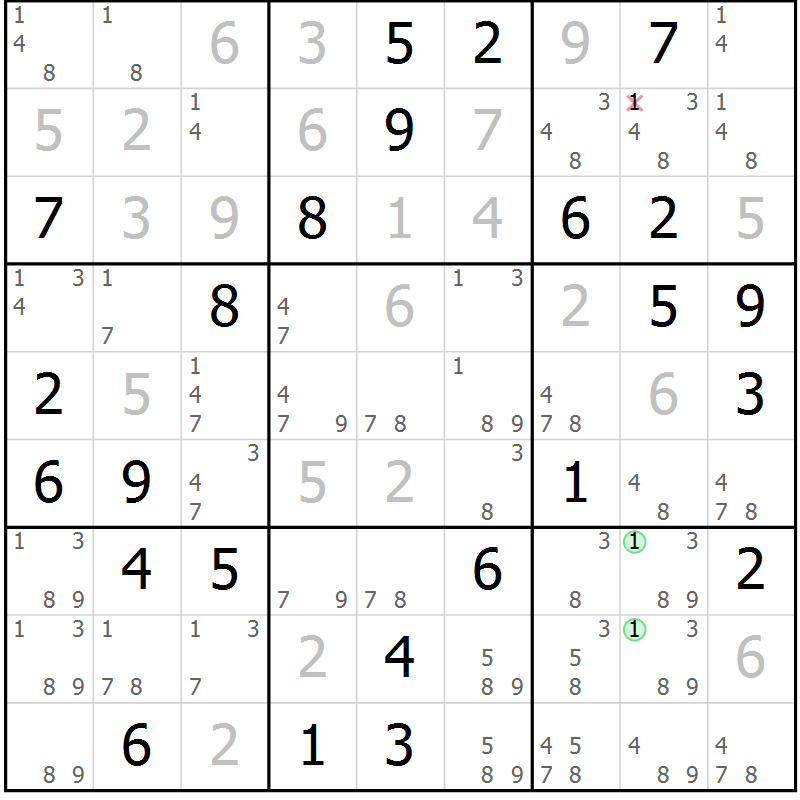 Position des candidats pour la solution de la Gr 70 page 73 du magazine de sudoku Virtuose n° 104