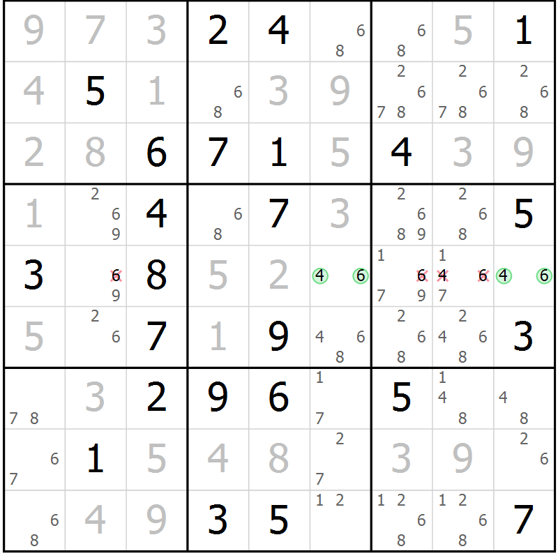 Position des candidats pour la solution de la Gr 71 page 74 du magazine de sudoku Virtuose n° 104