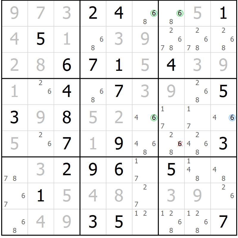 Position des candidats pour la solution de la Gr 71 page 74 du magazine de sudoku Virtuose n° 104