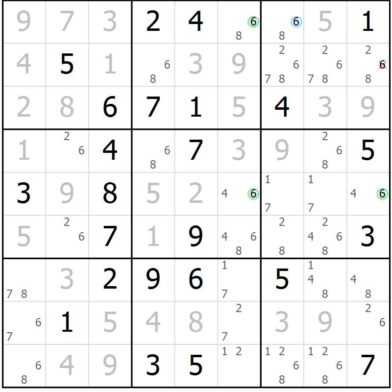 Position des candidats pour la solution de la Gr 71 page 74 du magazine de sudoku Virtuose n° 104