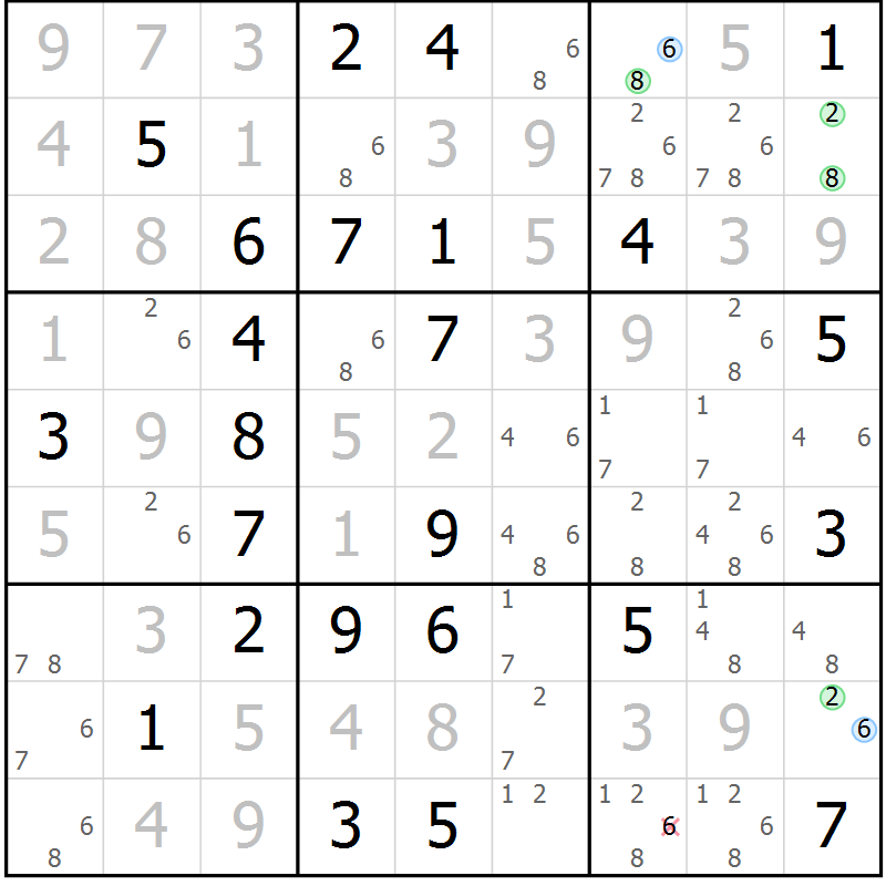 Position des candidats pour la solution de la Gr 71 page 74 du magazine de sudoku Virtuose n° 104